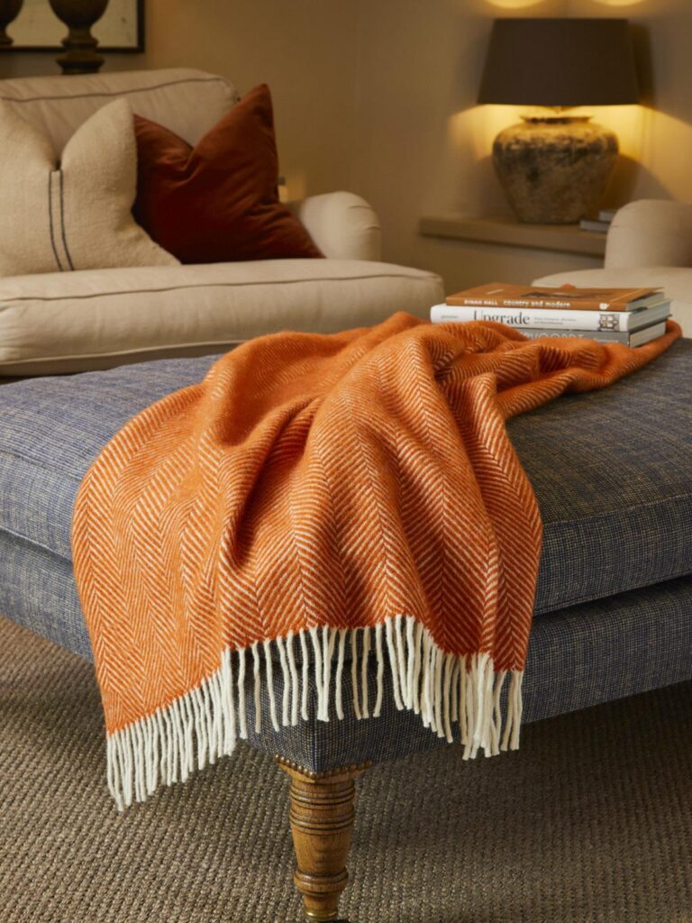100% Pure New Wool Orange Blanket Throw British Blanket