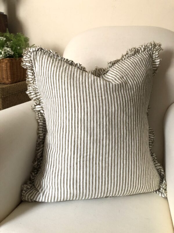 Hayley Olive Green Stripe Linen Ruffle Cushion - Image 4