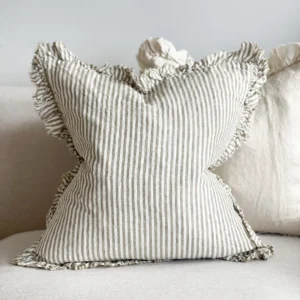 Hayley Olive Green Stripe Linen Ruffle Cushion