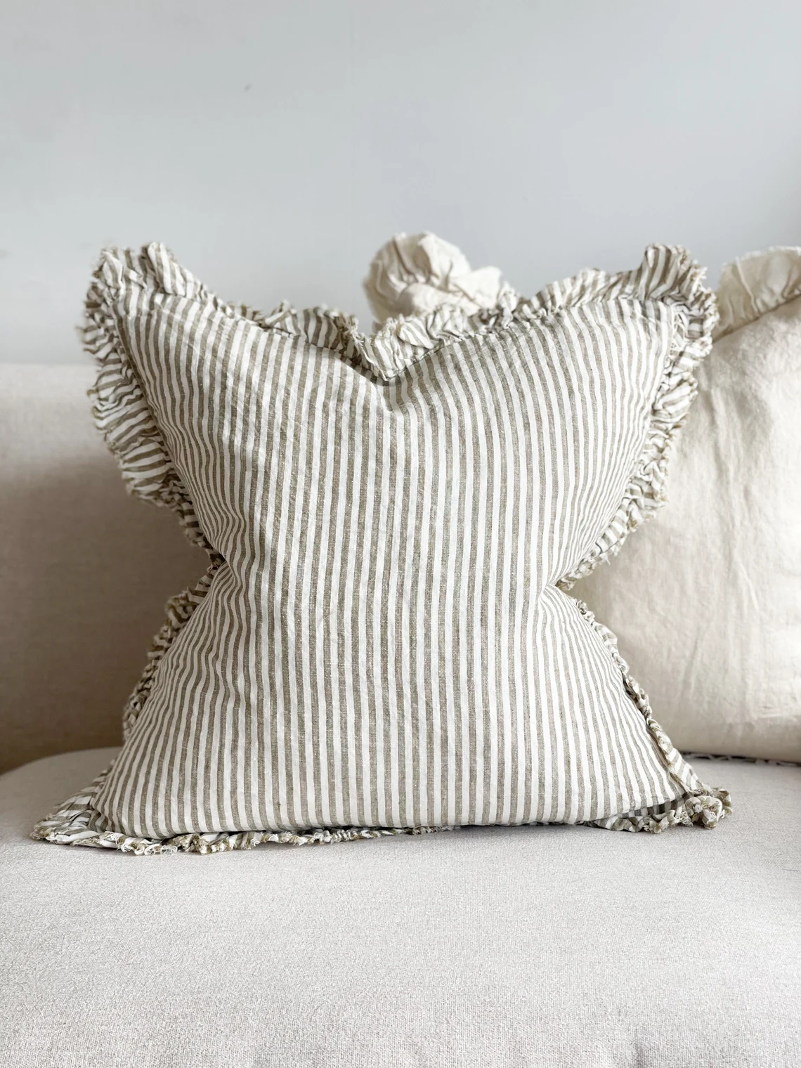 Hayley Olive Green Stripe Linen Ruffle Cushion