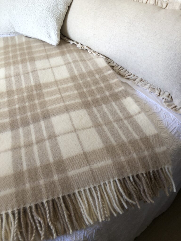 100% Pure New Wool Brown & Cream Check Blanket Throw