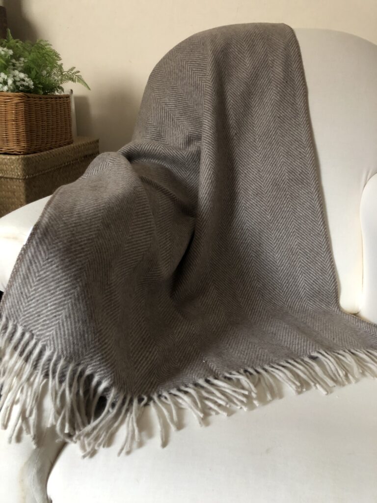 Soft Brown Natural Herringbone Wool Blanket Throw