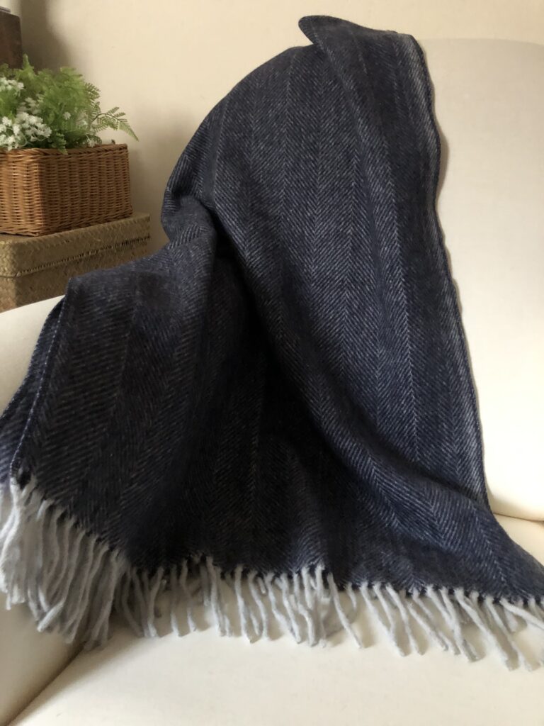 Navy Blue Herringbone Wool Blanket Throw