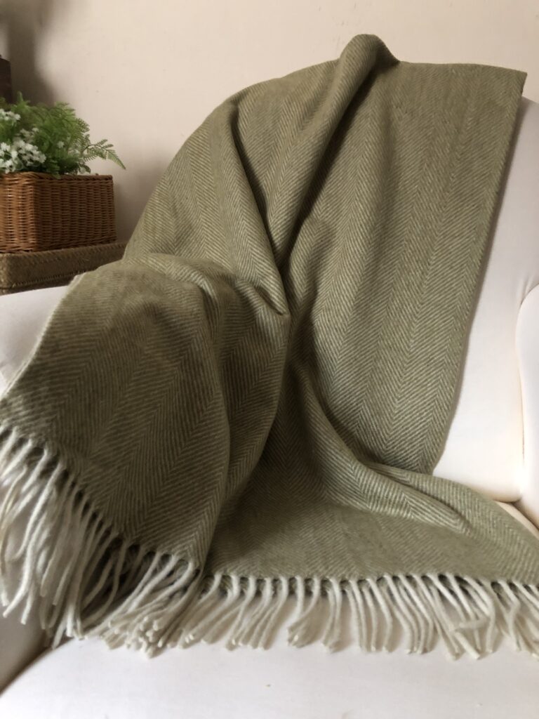 Olive Green Herringbone Wool Blanket Throw