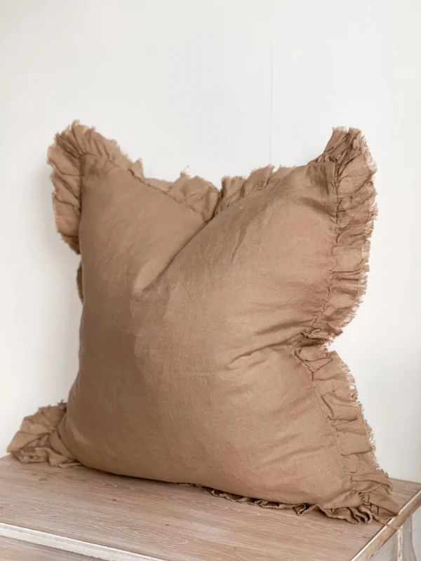 Hayley Coffee Brown Linen Ruffle Cushion - Image 4