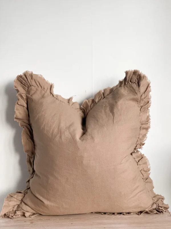 Hayley Coffee Brown Linen Ruffle Cushion - Image 2