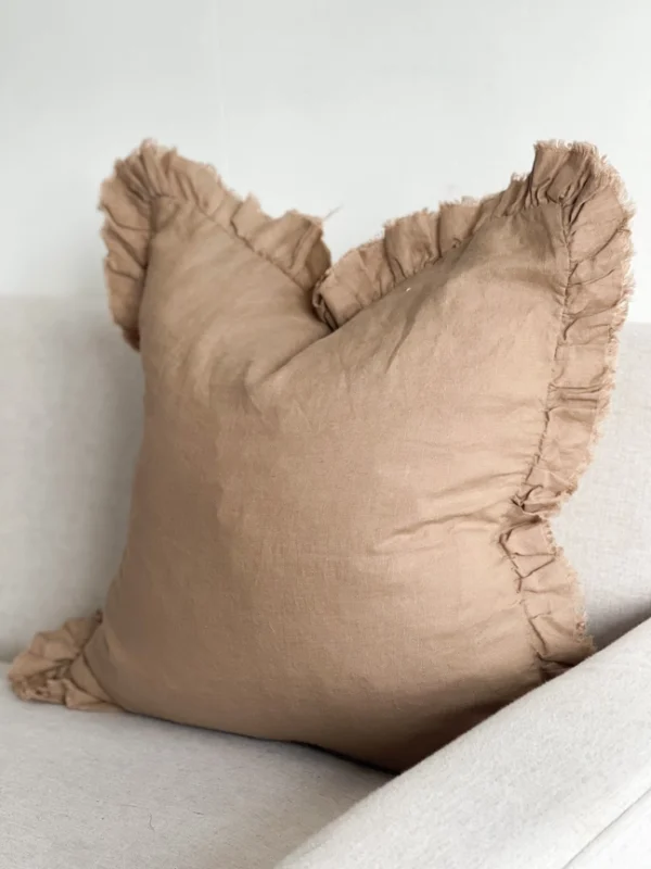 Hayley Coffee Brown Linen Ruffle Cushion